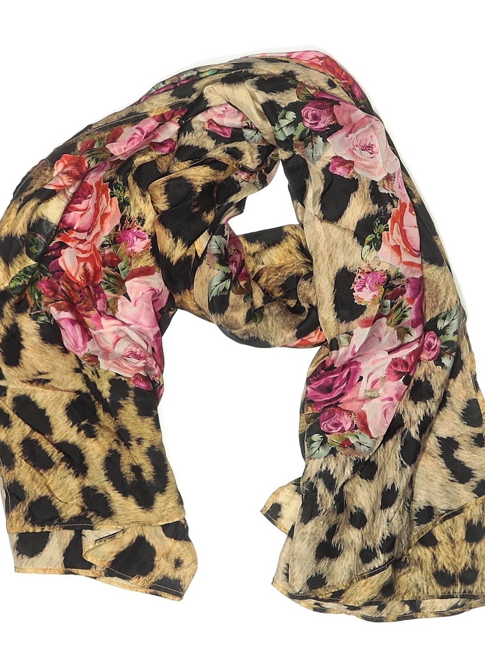 CLEVER CARRIAGE COMPANY Exotic Garden Leopard Roses 100% Silk Scarf Wrap VGUC